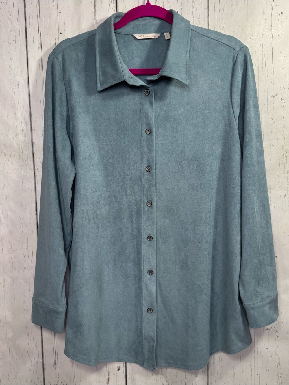 Soft Surroundings Blue Faux Suede Tunic Shirt Button Front Lagenlook Minimalist